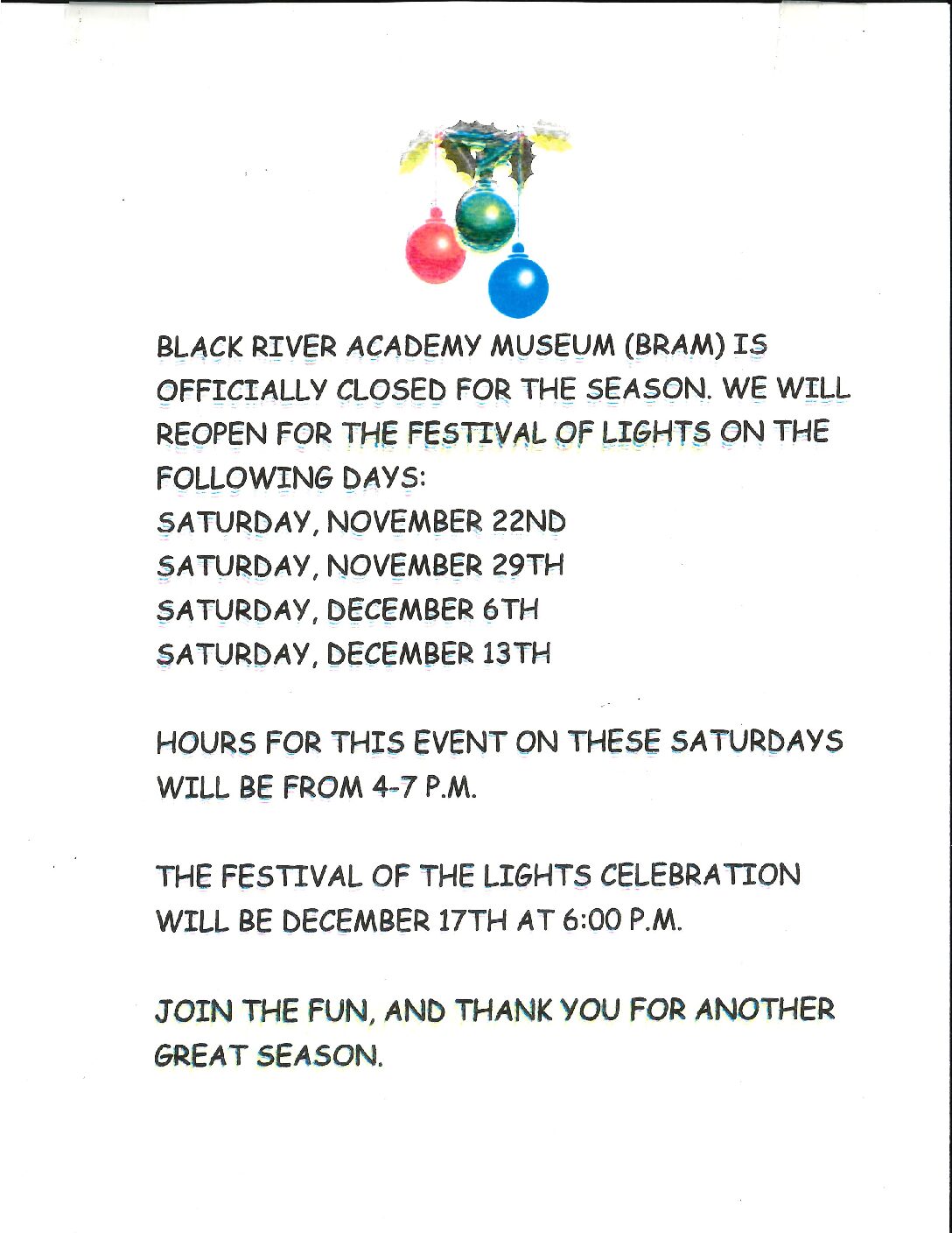 Closed for the Season – Reopening for the Festival of Lights